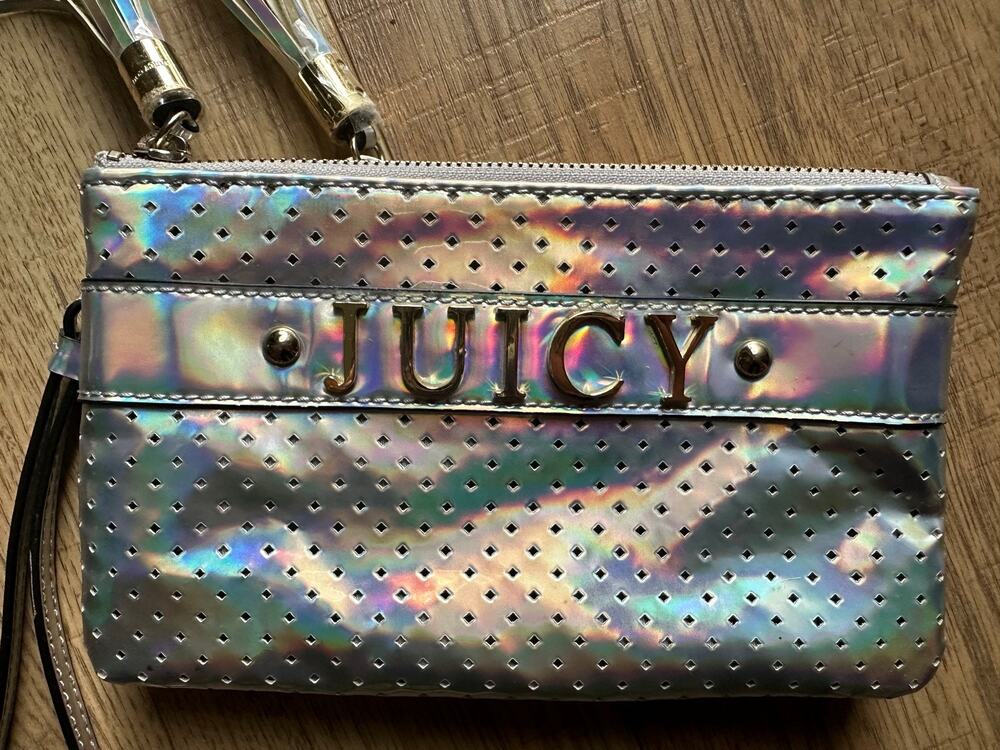 Juicy Couture Silver Double Pouch Purse with wrist strap 5" x 7.5" Clutch EUC